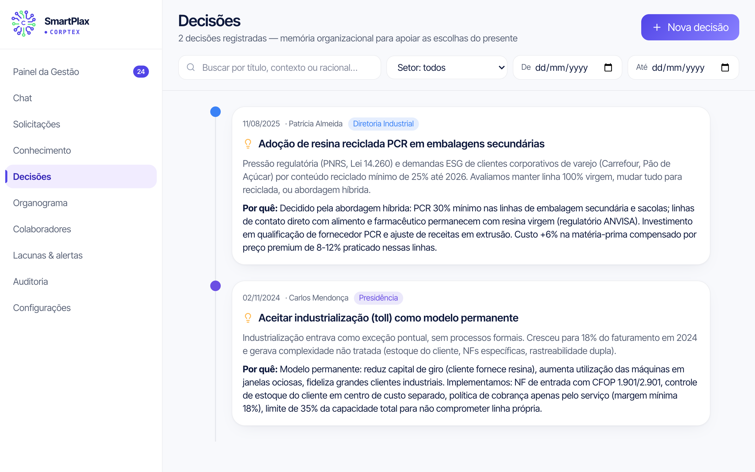 Registro de decisões empresariais com status e contexto